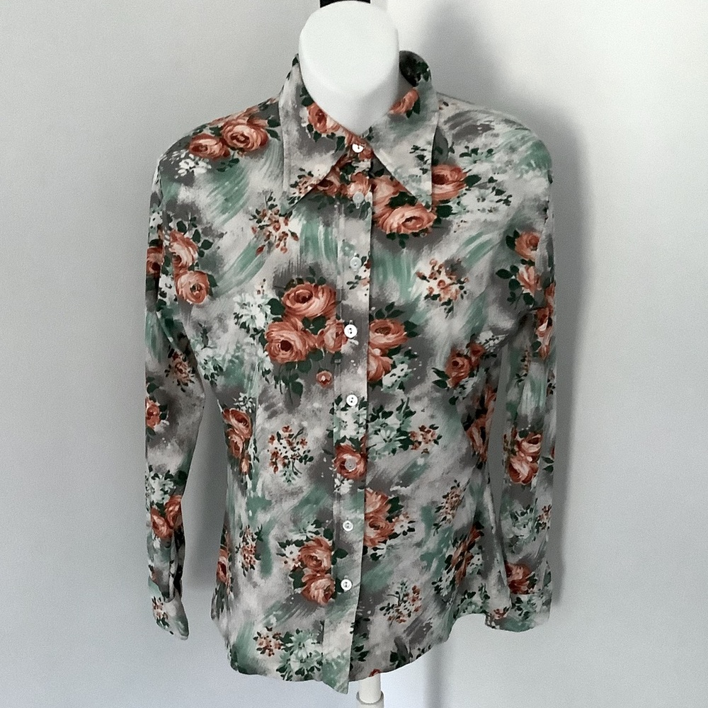Vintage 1970’s Lady Oh Burnt Orange and Seafoam Green Floral Button Down Sz. S